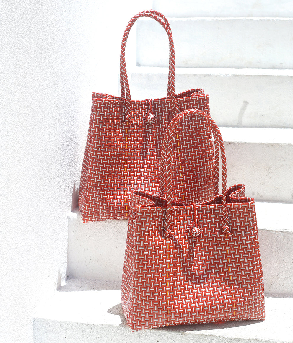 Recycled Woven Tote Bag - Red & White