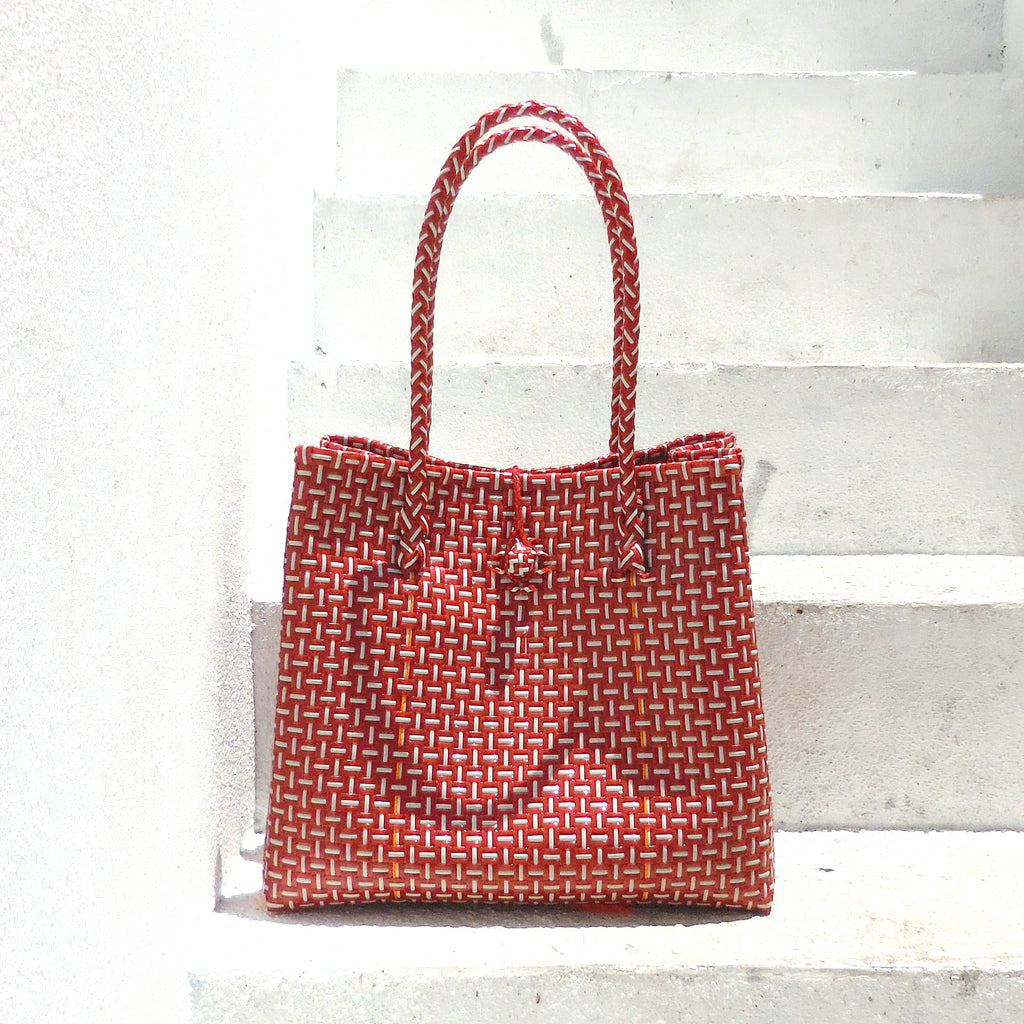Recycled Woven Tote Bag - Red & White