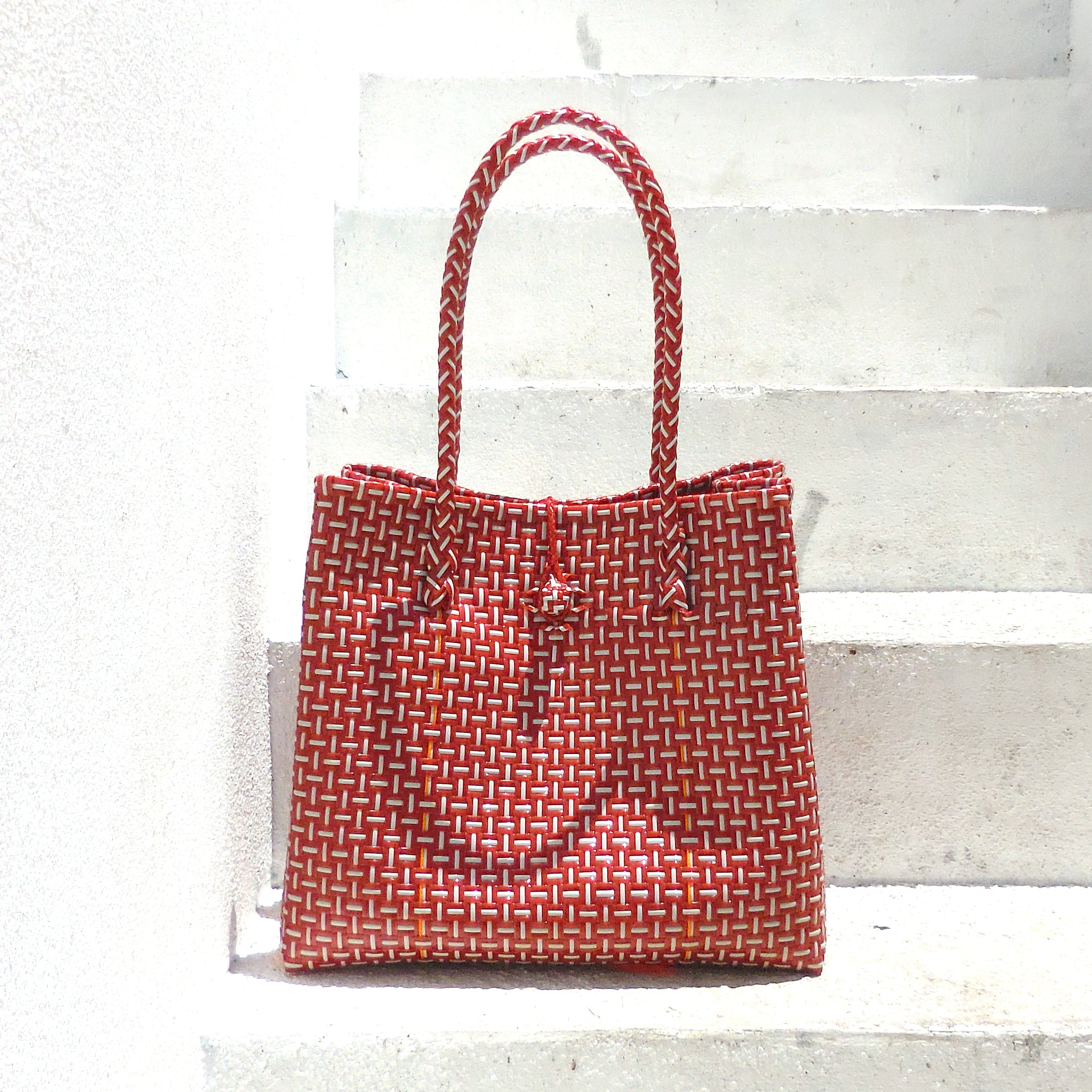 Recycled Woven Tote Bag - Red & White