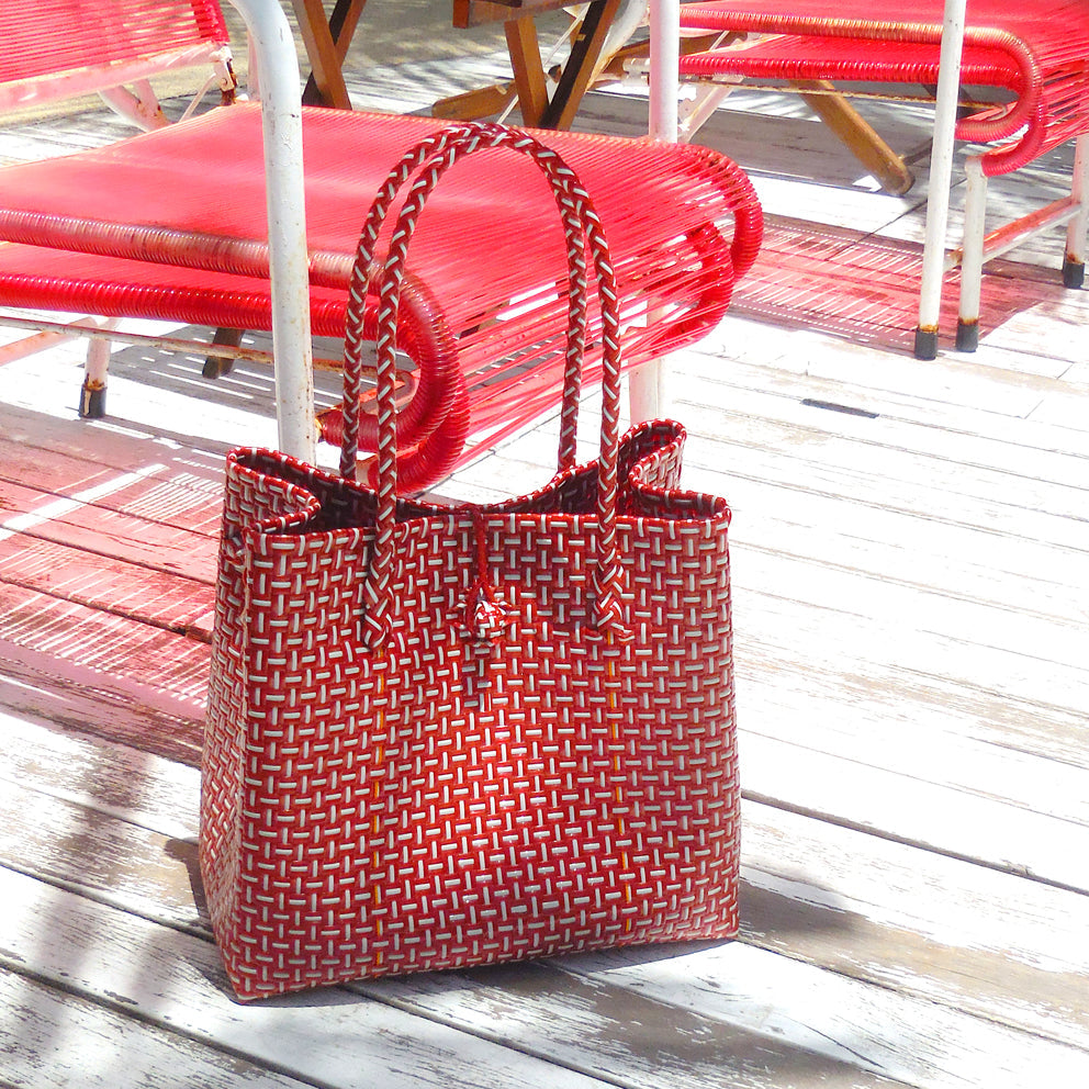 Recycled Woven Tote Bag - Red & White
