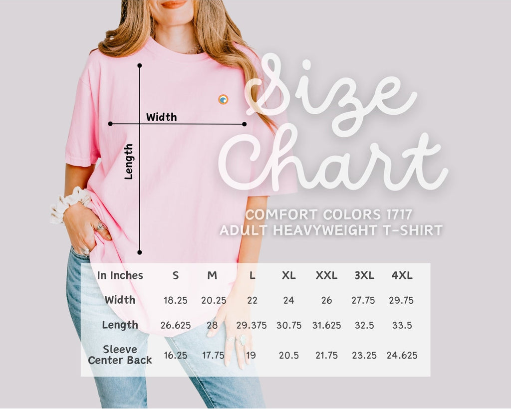 Size chart for Comfort Colors t-shirt with a person wearing a pink t-shirt.